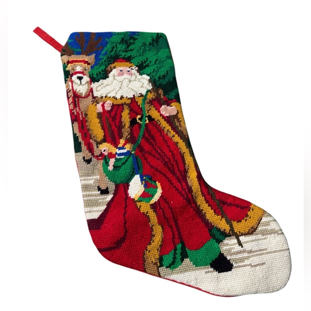 Vintage Petit Point Needlepoint Christmas Stocking Handcrafted